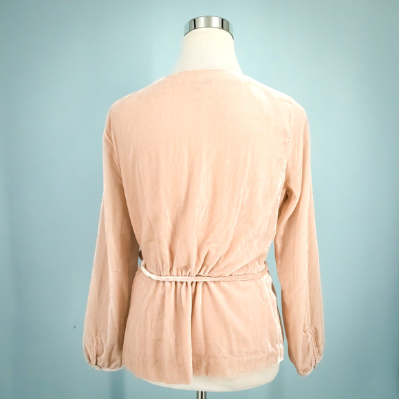J. Crew Size 6 Pink Draped Velvet Faux Wrap V Neck Long Sleeve Tie Belt Top - Picture 3 of 7